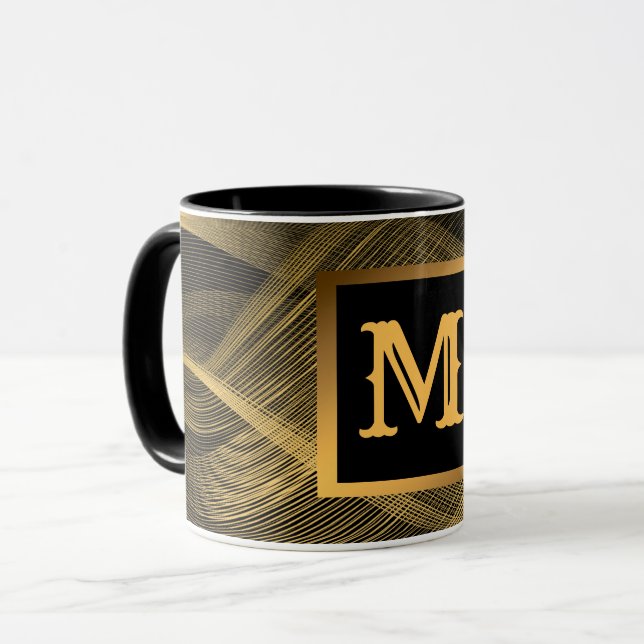Caneca Monograma de Onda Negra Dourada de Luxo Elegante (Frente Esquerda)