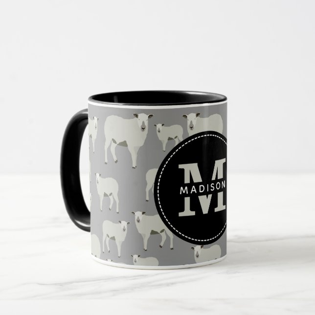 Caneca Monograma de padrão animal de ovelha e Fazenda de  (Frente Esquerda)