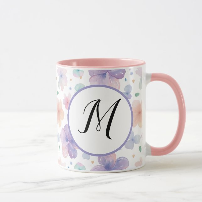 Caneca Monograma de Padrão de Aquarela de Flor Primavera  (Direita)