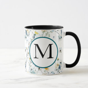 Caneca Monograma de Padrão de Aquarela de Flor Primavera 