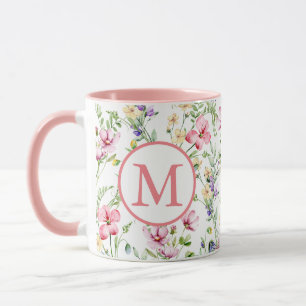 Caneca Monograma de Padrão de Aquarela de Flor Primavera 