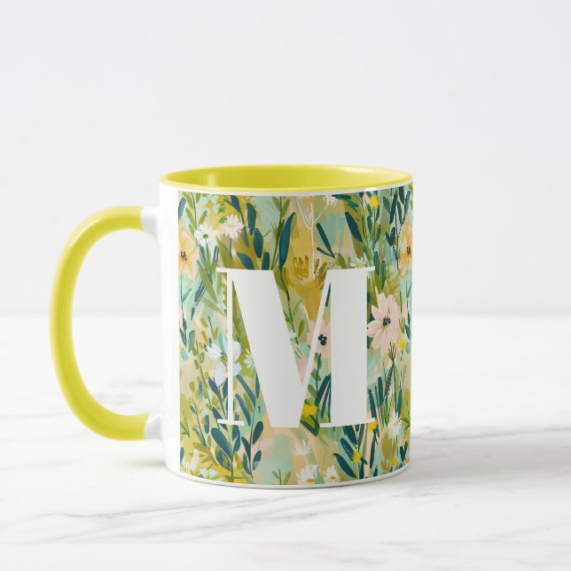 Caneca Monograma de Padrão de Aquarela de Flor Verde Pint (Esquerda)