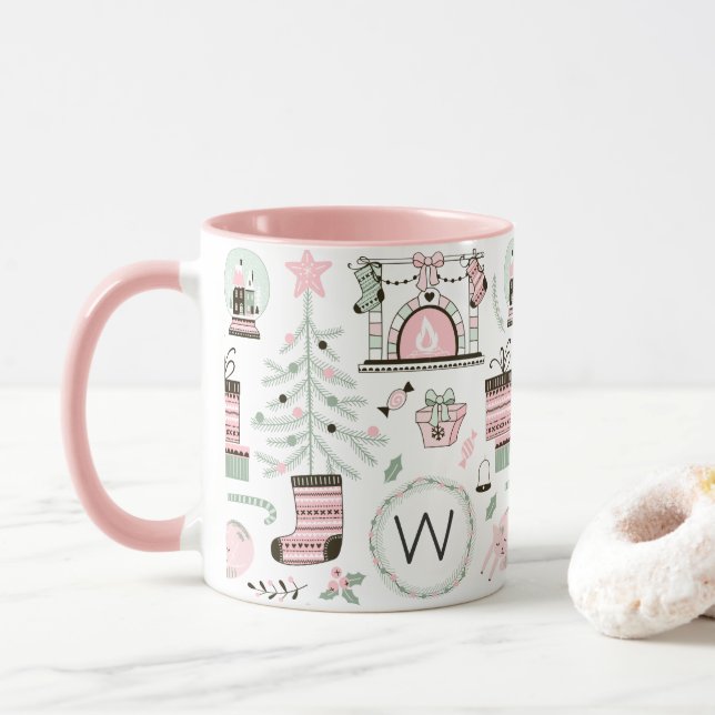 Caneca Monograma de Padrão de Natal Giro (Com Donut)