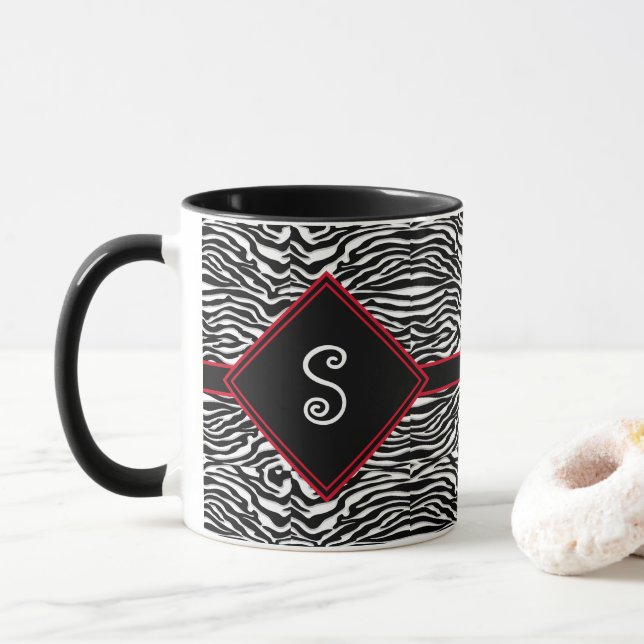 Caneca Monograma de Padrão de Stripe Branca Preta Moderna (Com Donut)