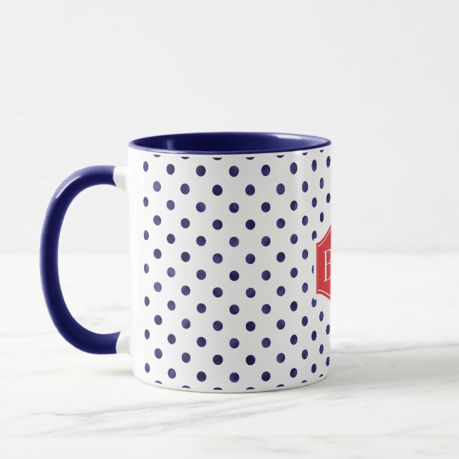 Caneca Monograma de padrões de bolinhas brancas e azuis (Esquerda)