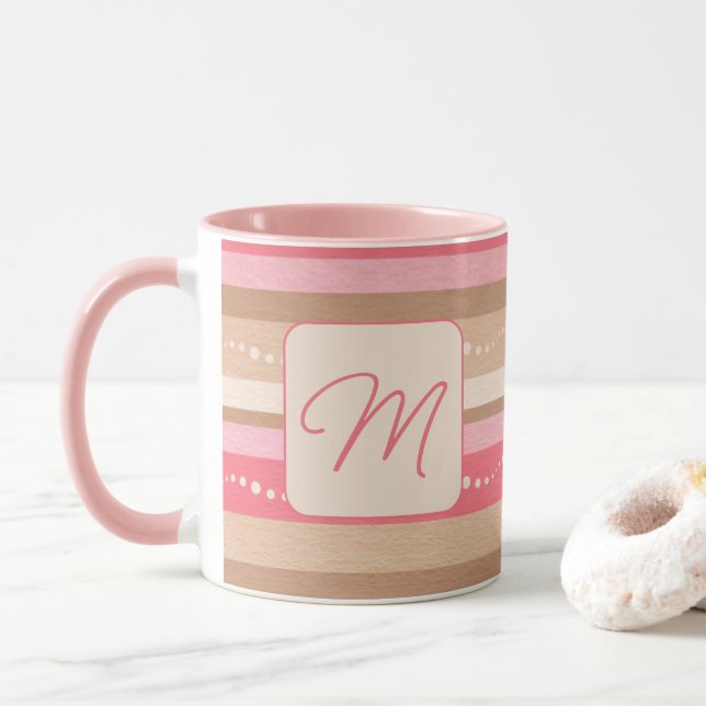 Caneca Monograma De Pastel E Padrão De Stripes (Com Donut)