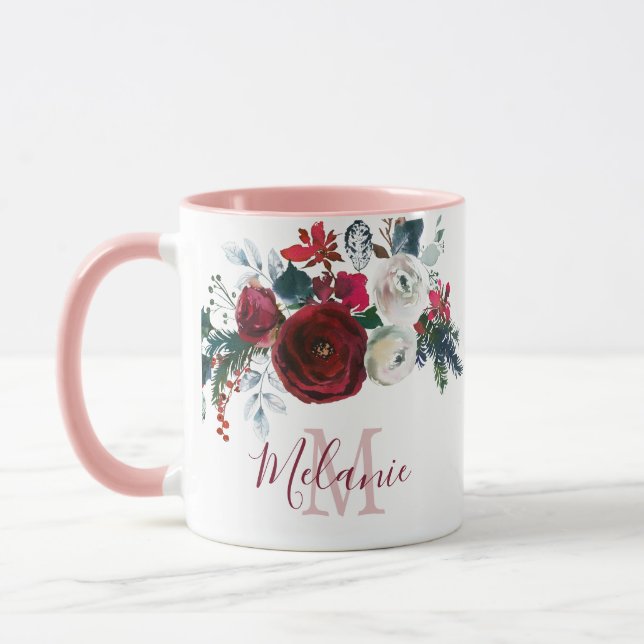 Caneca Monograma De Pinheiro Floral De Rosa Branca (Esquerda)
