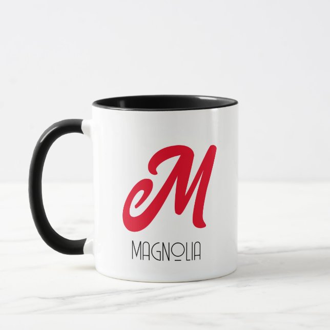 Caneca Monograma de Script Personalizado Vermelho Moderno (Esquerda)