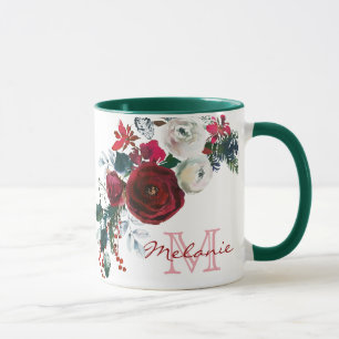 Caneca Monograma do Buquê Floral de Rosa de inverno