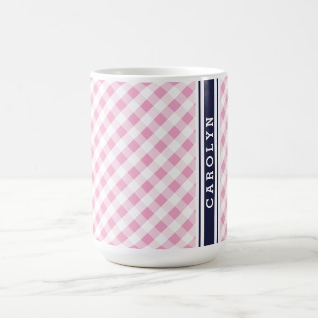 Caneca monograma do padrão gingham do marinho rosa-pré-di (Centro)