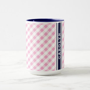 Caneca monograma do padrão gingham do marinho rosa-pré-di