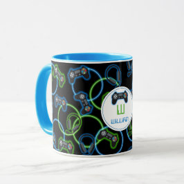 Caneca Monograma do padrão verde e azul Neon para jogos d