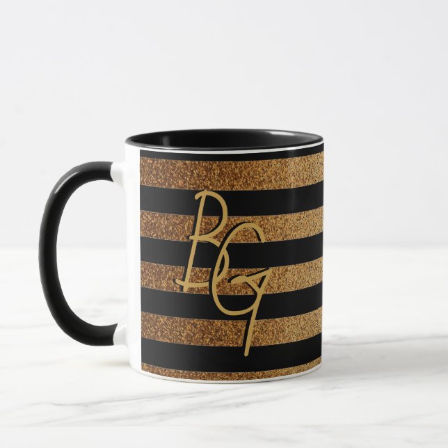 Caneca Monograma Dourado Elegante de faixa de brilho pret (Esquerda)
