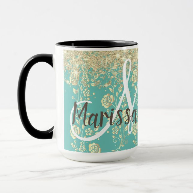 Caneca Monograma Dourado Floral com Glitter Verde (Esquerda)