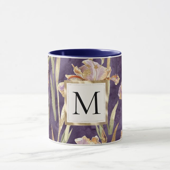 Caneca Monograma dourado floral íris roxa romântica (Centro)