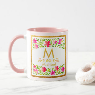 Caneca Monograma Dourado Floral Rosa em Aquarela Elegante