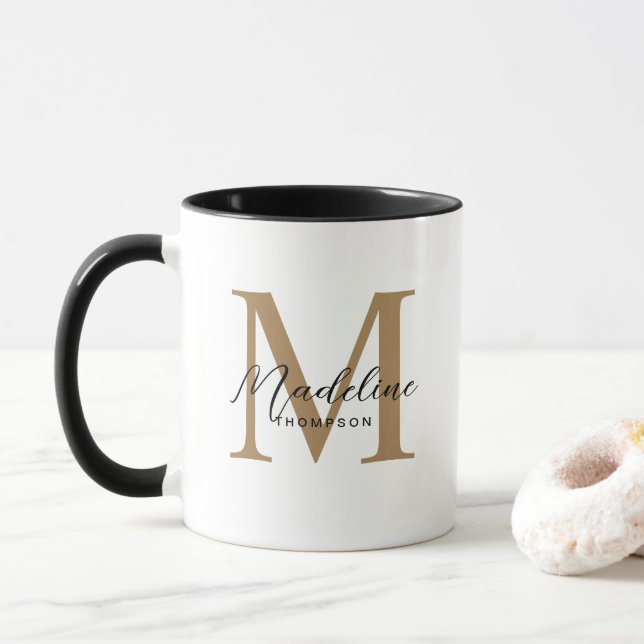 Caneca Monograma Dourado Preto Mínimo Moderno (Com Donut)