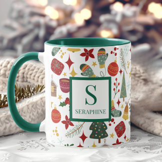 Caneca Monograma e Nome da Aquarela de Natal Elegante