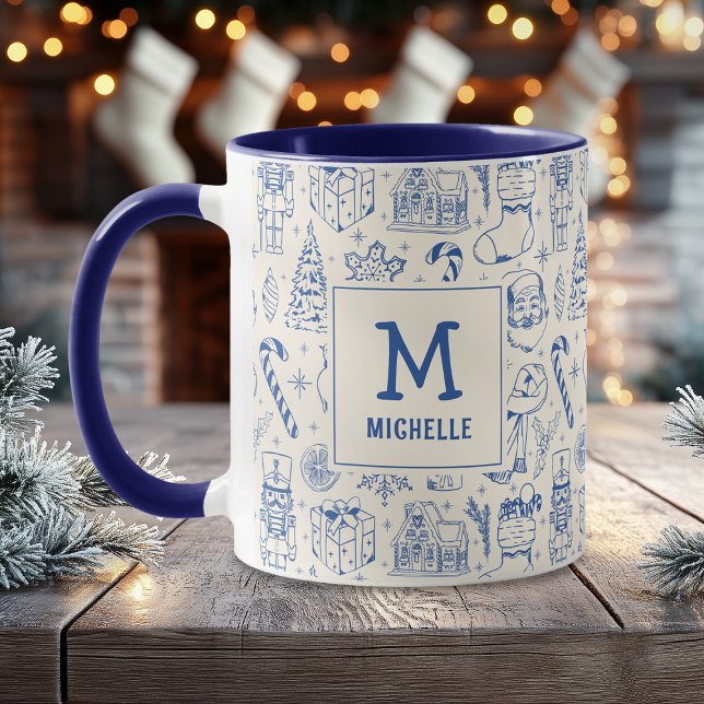 Caneca Monograma e Nome da Porta de Natal Azul (Criador carregado)