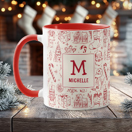 Caneca Monograma e Nome da Porta de Natal Vermelha