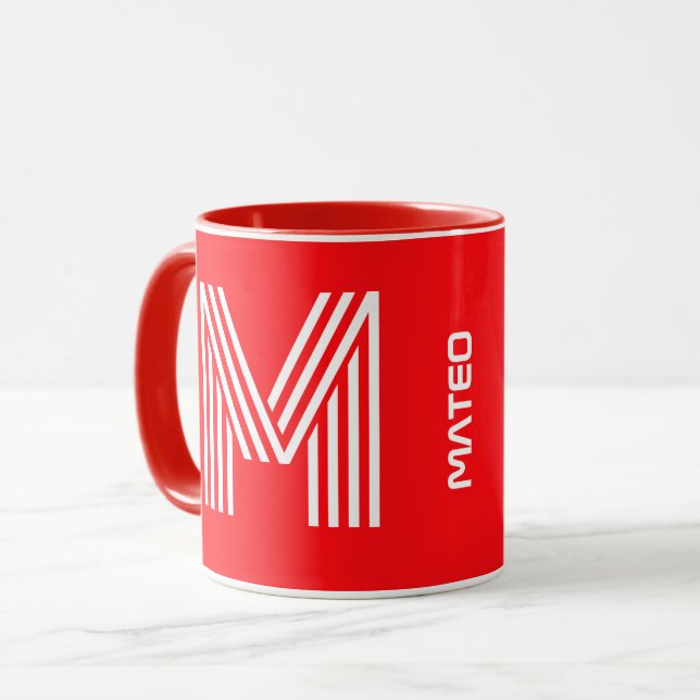Caneca Monograma e Nome Moderno | Café cerâmico vermelho  (Frente Esquerda)