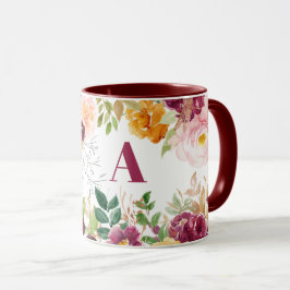 Caneca Monograma elegante de burgundy elegante com flor d