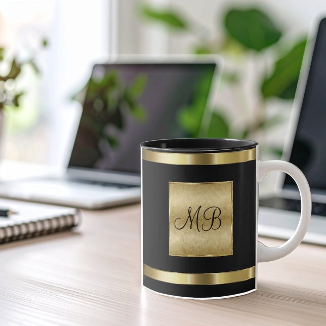 Caneca Monograma Elegante Dourado e Cor Preta (Criador carregado)