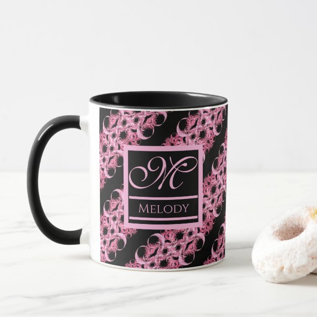 Caneca Monograma Em Rosa Fractal E Preto (Com Donut)