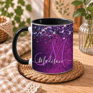 Caneca Monograma falso cintilante magenta fofo