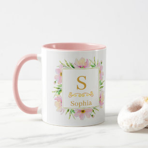 Caneca Monograma Floral Aquarela I Inicial Dourada Person