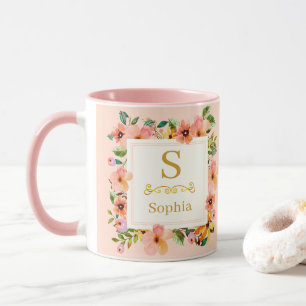 Caneca Monograma Floral Aquarela I Inicial Dourada Person