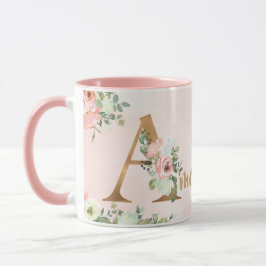 Caneca Monograma floral cor-de-rosa A aquarela com nome