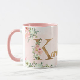 Caneca Monograma floral cor-de-rosa K aquarela com nome