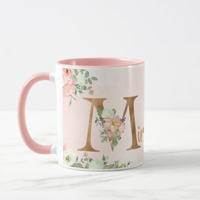 Caneca Monograma floral cor-de-rosa M com nome (Esquerda)