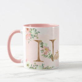 Caneca Monograma floral cor-de-rosa N aquarela com nome