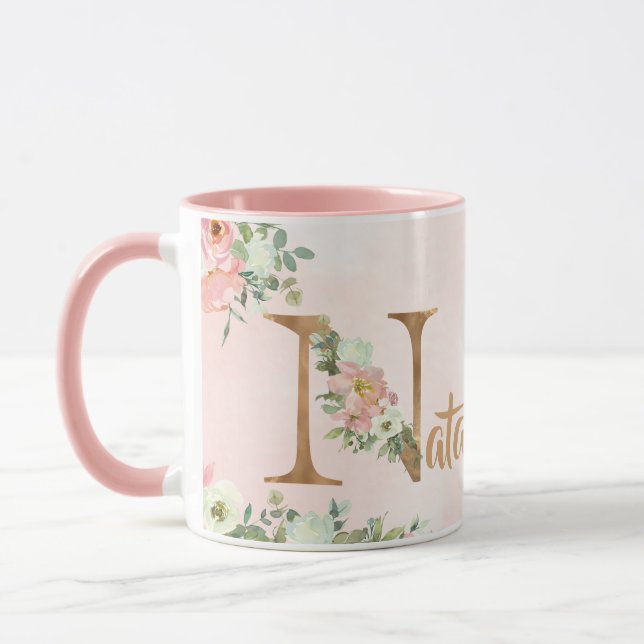 Caneca Monograma floral cor-de-rosa N aquarela com nome (Esquerda)