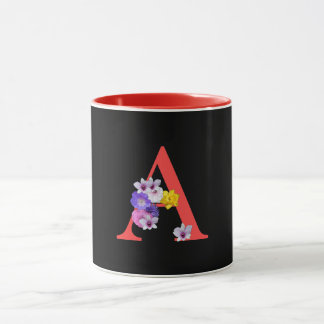 Caneca Monograma Floral Cursivo A Vermelho Dentro Preto