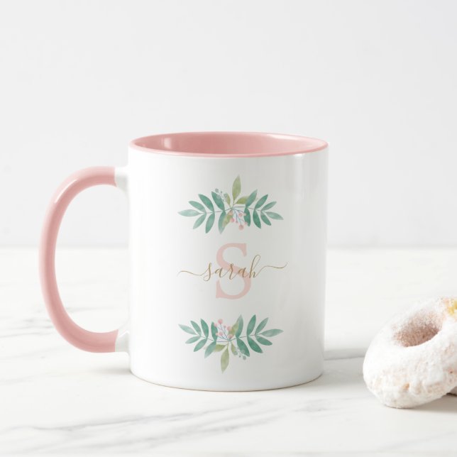 Caneca Monograma Floral de Aquarela (Com Donut)