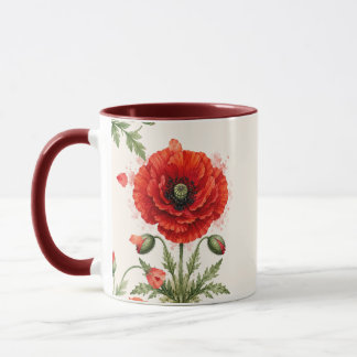 Caneca Monograma Floral de Papoula Vermelha em Aquarela F