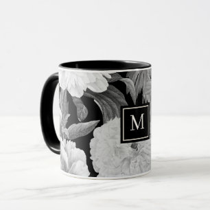Caneca Monograma Floral de Peões Pretos e Brancos