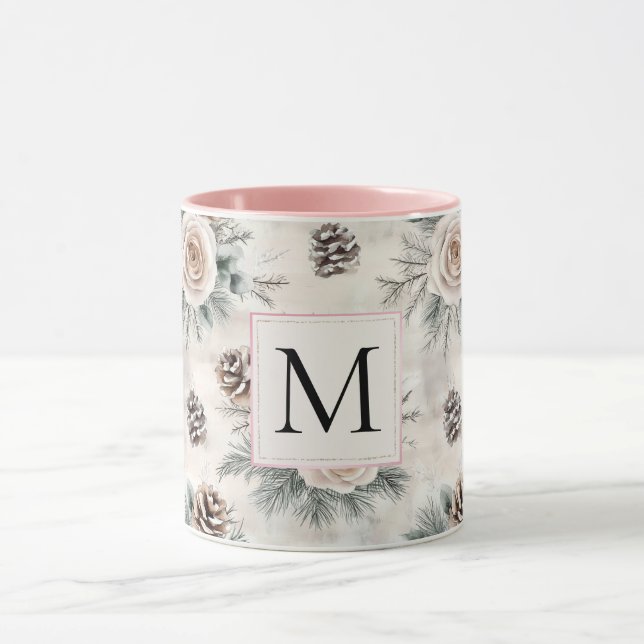 Caneca Monograma Floral de Pinhas de Natal Rosa Corado (Centro)