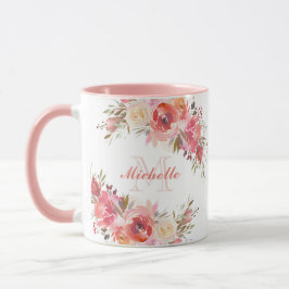 Caneca Monograma Floral de Rosa de Pêssego de Pastel Eleg