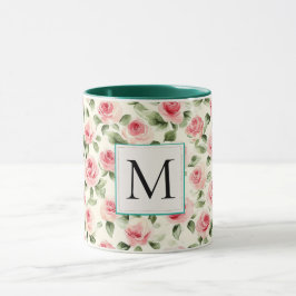 Caneca Monograma Floral de Rosas Rosa Bege Azul Romântico