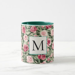 Caneca Monograma Floral de Rosas Rosa Verde Azul Romântic