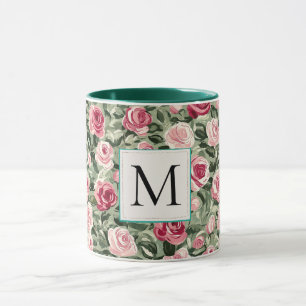 Caneca Monograma Floral de Rosas Rosa Verde Azul Romântic