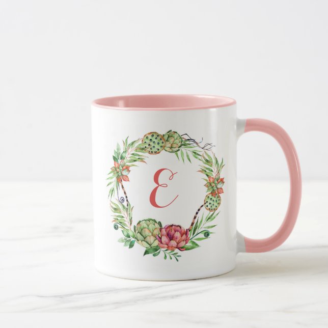 Caneca Monograma floral do Succulent | do casamento do (Direita)