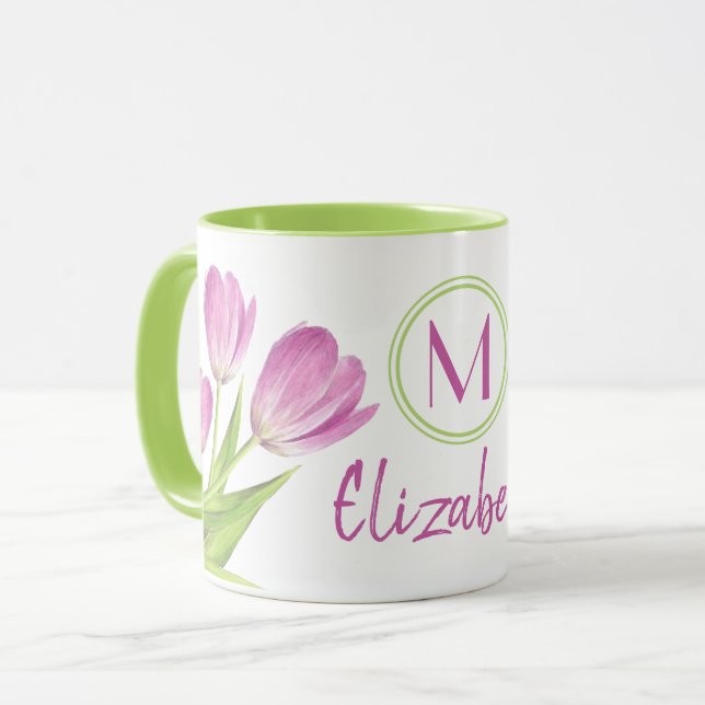 Caneca Monograma Floral Elegante de Tulipas Rosa bonito (Frente Esquerda)