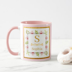 Caneca Monograma Floral em Aquarela I Inicial Dourada Per