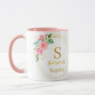 Caneca Monograma Floral em Aquarela I Inicial Dourada Per