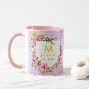 Caneca Monograma Floral em Aquarela I Inicial e Nome em D